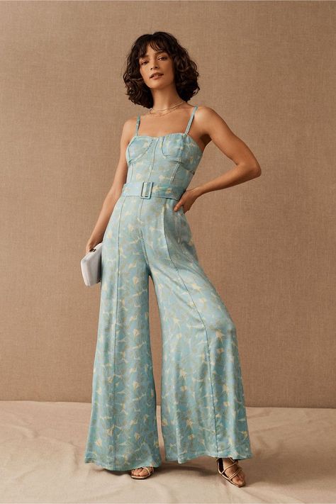 Looking for a dress to wear to a summer wedding? This is one of our favorite wedding guest fashion picks! Retro light blue corset bodice jumpsuit - BHLDN x Free People, Elyssa jumpsuit - Check out more stylish summer wedding guest dresses (and jumpsuits) on WeddingWire! Wedding Guest Jumpsuit, Black Tie Event Dresses, Jumpsuit For Wedding Guest, Anthropologie Wedding, Guest Attire, Cocktail Attire, Floral Jumpsuit, Wedding Guest Dress Summer, Wide Legs