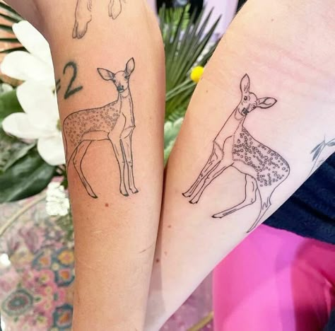 Nakama Cute Dogs Tattoo, Sleeping Tattoo, Dark Academia Tattoo, Deer Sleeping, Fawn Tattoo, Doe Tattoo, Matching Best Friend Tattoos, Bunny Tattoos, Deer Tattoo