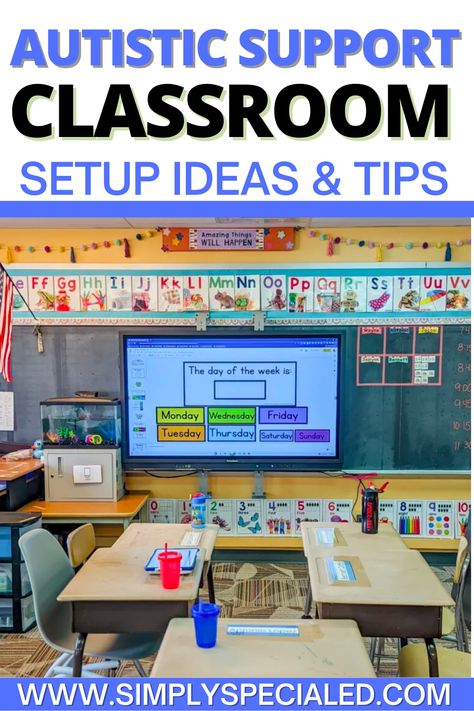 Today I want to share with you my special education classroom layout for an autistic support classroom. Inside my elementary special education classroom, I provide an area for the teacher and teacher assistants. I post the daily routine schedule for special needs kids. The placement of the student desks is important to keep them engaged and learning. Another teacher tip is to incorporate an area for centers and independent workstations. A calm corner in the classroom is a must too! Calm Down Corner Classroom Special Needs, Special Education Student Schedule, Middle School Asd Classroom, Structured Learning Classroom Setup, Special Ed Teacher Aesthetic, Centers For Special Education Classroom, Teacher Assistant Desk Ideas, Special Education Classroom Layout, Classroom Organization Special Education