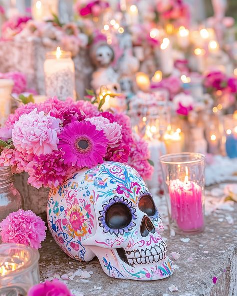 Sugar Skull Offerings 🌸💀🌸 The prettiest decorations for Día de los Muertos 😍 Day Of The Dead Decor, Day Of The Dead Party, Pink Halloween, Pretty Decor, Pink Room, Day Of The Dead, Sugar Skull, Dia De Muertos, Sprinkles