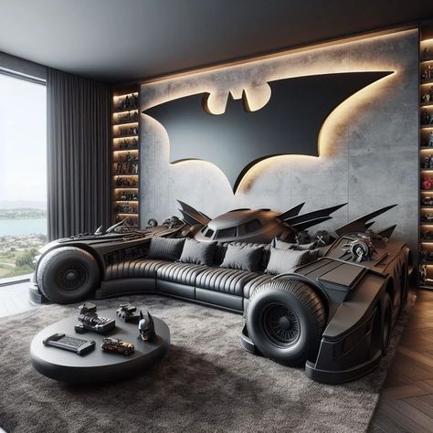 The Batman Style Sofa: Elevating Comfort and Style with Iconic Design Batman Bed, Batman Bedroom, Batman Room, Batman Decor, Theater Rooms, Wayne Manor, Batman Theme, Batman Inspired, Home Theater Rooms