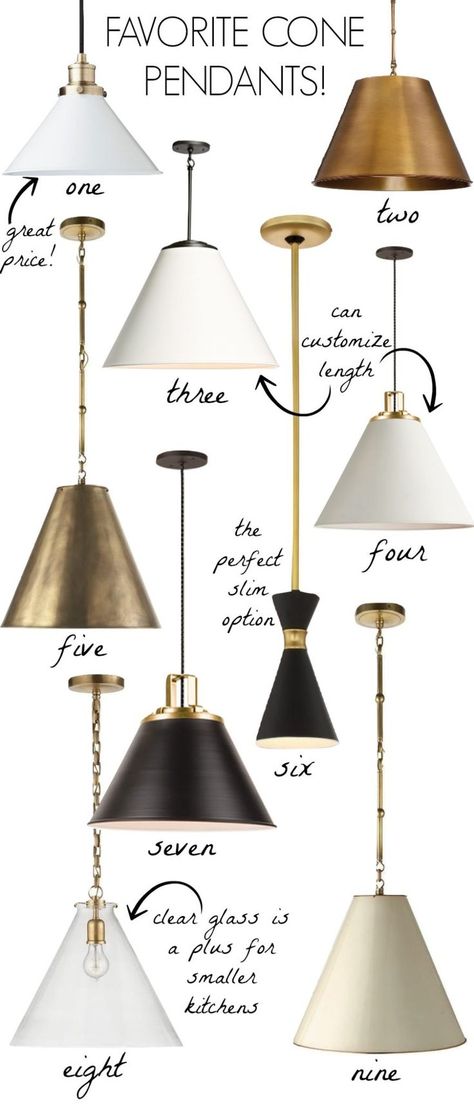 Love all of these cone pendant lights - love them over kitchen islands! Black, white, or brass and skinny or wide - so many options!! #pendants #lighting #lights #brass Kitchen Pendant Lighting Brass, Brass Pendant Lights Kitchen, Brass Island, Pendant Light Brass, Pendant Track Lighting, Cone Pendant Light, Driven By Decor, Lights Ideas, Kitchen Island With Seating