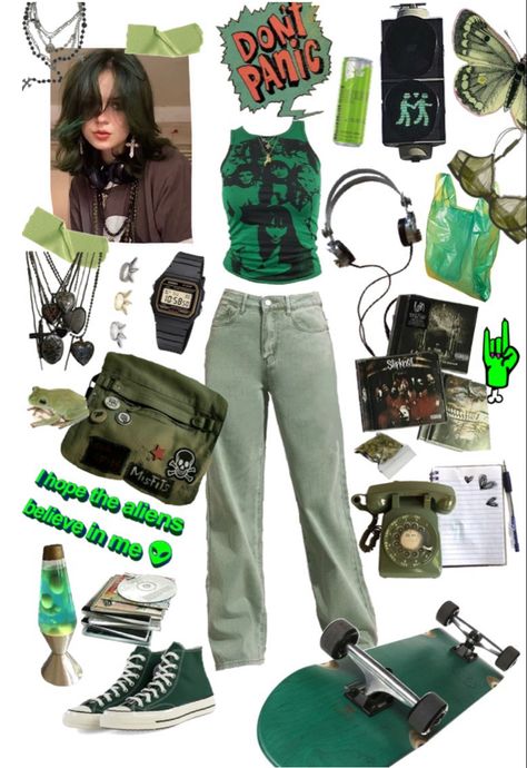 Green Alternative Aesthetic, Green Cybercore Outfit, Green Day Inspired Outfits, Green Day Concert Outfit Ideas, Greenday Concert Outfits, Green Day Concert Outfit, Green Day Outfit, Scenecore Outfit, Slasher Summer