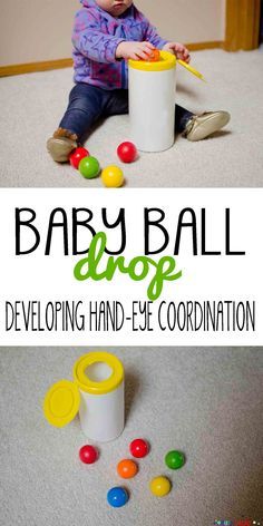 BABY BALL DROP:  a simple DIY activity for baby  to play Diy Developmental Toys, Lesson Plans For Infants, Activity For Baby, Perlengkapan Bayi Diy, Maluchy Montessori, Infant Classroom, Infant Room, Baby Sensory Play, Play Activity