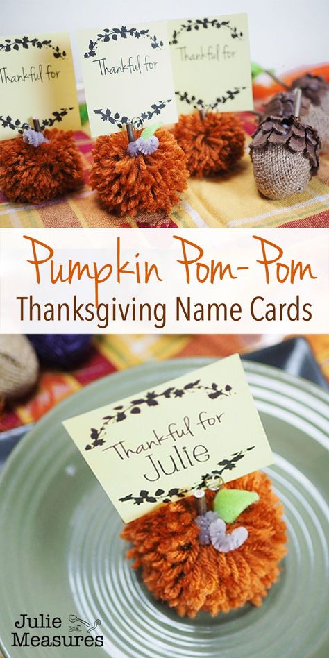 This Thanksgiving set the table with Pumpkin Pom-Pom Name Cards #thanksgiving #pumpkinpompom #yarnpompom #namecards #placecards Easy Thanksgiving Name Cards, Diy Place Card Holders Thanksgiving, Diy Thanksgiving Name Place Cards, Thanksgiving Placemats Diy, Thanksgiving Placecard Ideas, Diy Thanksgiving Place Cards, Thanksgiving Place Cards Diy Kids, Thanksgiving Name Place Cards Diy Kids, Thanksgiving Name Place Cards Diy