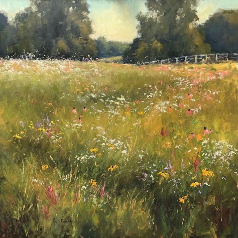 Field Of Flowers Oil Painting, Impressionist Flower Field, Green Pastures Painting, Drawing Field Of Flowers, Grassy Meadow Painting, Oil Painting Grass Field, Field With Flowers Painting, Painted Field Of Flowers, Painting Of Flower Field