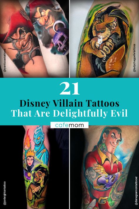 CafeMom.com : Pin It! : 21 Disney Villain Tattoos That Are Delightfully Evil -- Add this graphic to your Pinterest board if you love both Disney characters and tattoo Disney Villain Tattoo, Villain Tattoo, Disney Characters Tattoos, Disney Sleeve Tattoos, Disney Sleeve, Evil Disney, Queen Tattoo, Tattoo People, Disney Villain