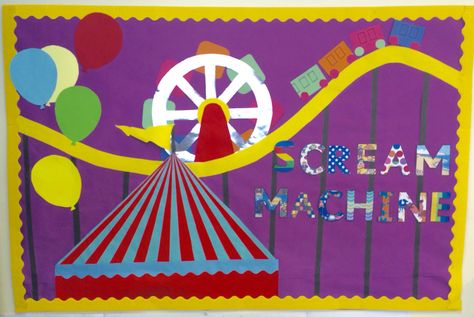 Rollercoaster theme park classroom display Roller Coaster Bulletin Board, Amusement Park School Project, Amusement Park Classroom Theme, Circus Theme School Hallway, Carnival Bulletin Boards, Elementary Classroom Decor Themes, Roller Coaster Theme, Circus Classroom, Fair Theme