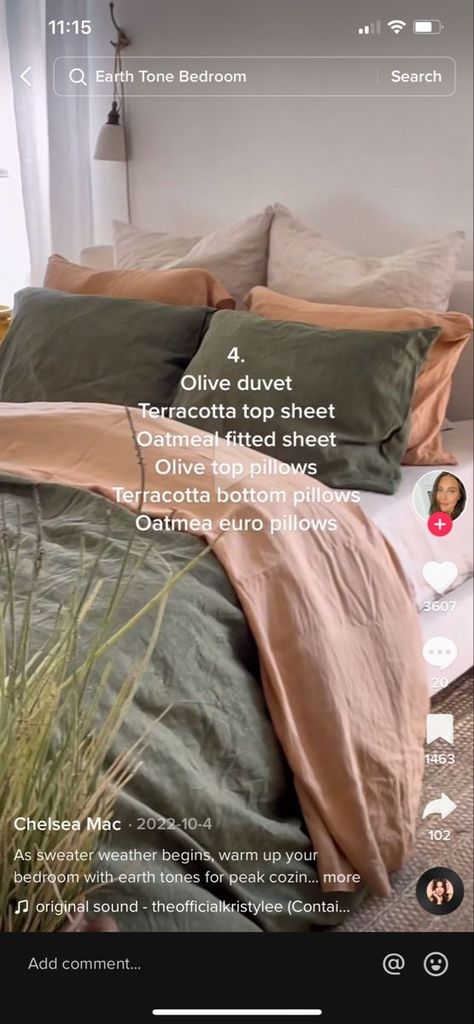 Olive And Sage Bedding, Sheets With Green Comforter, Olive Bed Sheets Aesthetic, Earth Vibes Room, Earthy Green Bedding, Bedding Ideas Earthy, Green Bed Comforter Ideas, Neutral Bedroom With Terracotta, Tera Cotta Bedding