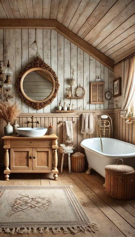 Vintage Decor Bathroom, Rustic Cottage Bathroom, Antique Bathroom Ideas, Stunning Bathroom Ideas, Mediterranean Style Bathroom, Baie Vintage, Bathroom With Clawfoot Tub, Vessel Sinks Bathroom Vanity, Cottage Rooms