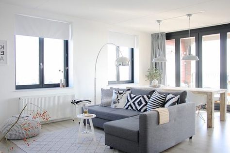 Black window frames inside - any regrets?! | Mumsnet Grey Window Frames, Arco Lamp, Home Living Room Modern, Fresh Living Room, Scandinavian Design Living Room, Inexpensive Decor, Ikea Living Room, First Apartment Decorating, Throw Pillows Living Room