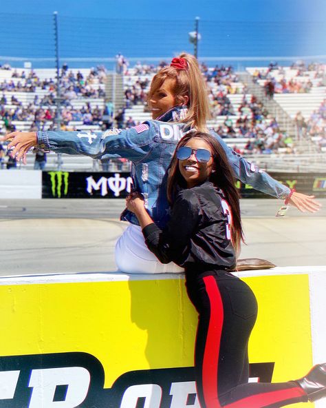 Whit and Mariel - Racing wives NASCAR Nascar Wife Outfit, Nascar Outfit For Women Summer, Outfits For Nascar Race, Nascar Bid Day, Nascar Wife, Nascar Driver Aesthetic, Race Outfit, 80s Theme, Indy 500