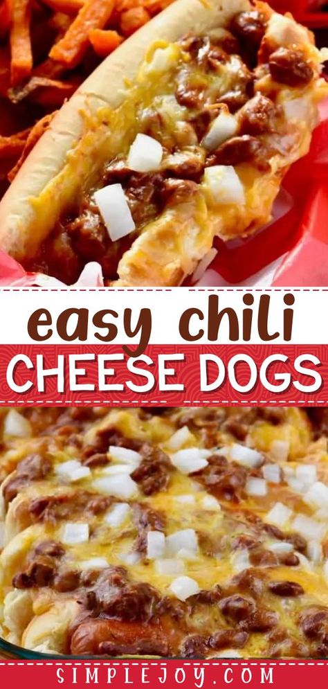 Chili Cheese Dogs, game day snacks, super bowl party food ideas, appetizer recipes Oven Baked Chili Cheese Dogs, Chili Cheese Dog Recipe, Baked Chili Cheese Dogs, Chili Dog Chili Recipe, Homemade Chili Sauce, Baked Chili, Healthy Chili Recipe Turkey, Baked Hot Dogs, Turkey Chili Healthy