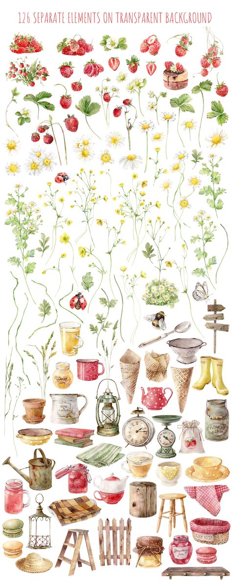 Strawberry Garden Drawing, Farmhouse Illustration, Daisy Clipart, Watercolor Strawberries, Watercolor Strawberry, Strawberry Clipart, Strawberry Png, Strawberry Watercolor, Strawberry Muffins