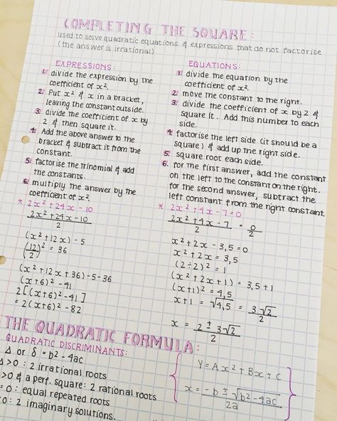 Hey there xx I really love the simple style of these notes - hope you enjoy them too!😘 and happy studying🌵 - #study #studynotes #notes… Happy Studying, Solving Quadratic Equations, Perfect Handwriting, Maths Exam, Math Notebook, Neat Handwriting, Math Notes, School Organization Notes, Notes Organization