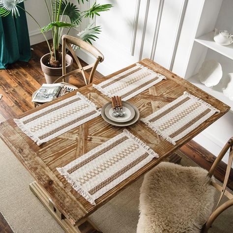 PRICES MAY VARY. Natural macrame boho placemats set of 4 for kitchen dinner room decoration, creates a wonderful table setting. Great for daily use, holiday, catering, special occasions, family gathering, and more The burlap placemat features delicate beige and burlap weaved hollow striped cotton fabric with tassel, giving a minimalist feel and boho charm, to give your table a new look. Upgrade your interior design today. Let your family or friends surprise and praise Place mats indoor set of 4 Boho Table Runner, Macrame Table, Macrame Table Runner, Tassel Decor, Embroidered Table Runner, Tassels Decor, Striped Table, Woven Placemats, Stylish Tables