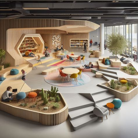 Library Space Ideas, Education Center Design, Daycare Room Design, Education Design Interior, School Library Design, Kindergarten Interior, School Building Design, Daycare Design, مركز ثقافي