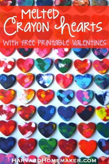 Melted Crayon Hearts with Free Printable Valentines by Harvard Homemaker Crayon Hearts Melted, Crayon Hearts Valentine For Kids, Melted Crayon Heart Valentine, Heart Crayon Melting Art, Valentine Crayon Melt, Melted Crayon Valentines, Heart Crayons Valentine, Valentines Crayons, Melted Crayon Heart