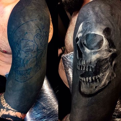 Dark Skull Cover Up Tattoo, Skull Tattoos Shoulder, White Over Black Tattoo, Cover Up Tattoos For Men, Tatuaje Cover Up, Best Cover Up Tattoos, Black Skull Tattoo, All Black Tattoos, Solid Black Tattoo