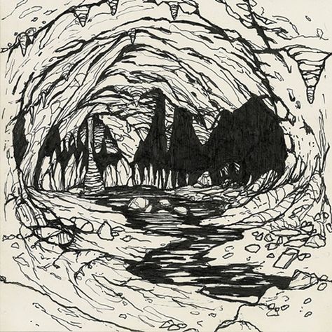 Cave Dwellers Character Design, Giant Cave Concept Art, Cave Sketch Drawings, Inside Cave Drawing, Cave Graphic Design, Cave Drawing Reference, Cavern Drawing, Cave Drawing Easy, How To Draw A Cave