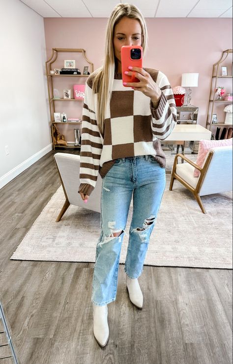 Checkered Sweater Outfit, Checkered Sweater, Western Style Boots, Red Checkered, Sweater Outfit, Fall Sweater, Holiday Pictures, Style Boots, Pink Lily