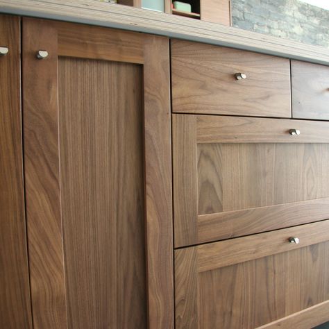 Detail shot of Semihandmade Walnut Shaker Ikea Kitchen                                                                                                                                                                                 More Contemporary Walnut Kitchen, Modern Walnut Kitchen, Walnut Kitchen Cabinets, Armoire Ikea, Walnut Kitchen, Ikea Kitchen Cabinets, Best Kitchen Cabinets, Shaker Kitchen Cabinets, Kitchen Glass