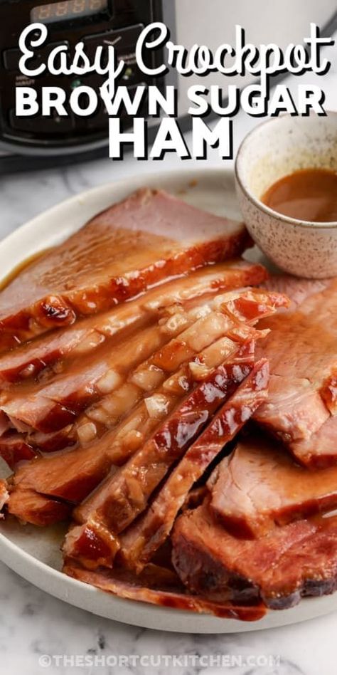 Crockpot Brown Sugar Ham turns out juicy and tender with a sweet and savory glaze. Substitutes include honey for maple syrup and plain mustard for Dijon. It's the best easy recipe for slow cooker ham. Serve it up with favorite side dishes for an entree that's perfect for any occasion. The Crock Pot makes every meal a hit. #crockpotbrownsugarham #theshortcutkitchen #recipes #glazedhamcrockpot Crockpot Brown Sugar Ham, Brown Sugar Ham Recipes, Holiday Cooking Christmas, Crock Pot Ham, Slow Cooker Ham Recipes, Ham Recipes Crockpot, Sugar Ham, Brown Sugar Ham, Cooking Christmas