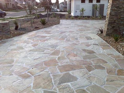 Mint Crazy Pavement for Outdoor Décor in Philippines (Size – 30x30-60x30cms; thickness – 2.5-3.5 cms; & Finish – Natural finish on both sides). #sandstone #crazy #naturalstone #surface #design #b2b #construction Outdoor Tile Patio, Front Porch Stone, Flagstone Pathway, Stone Pavement, Stone Projects, Patio Pavers Design, Front Porch Design, Patio Tiles, Patio Flooring