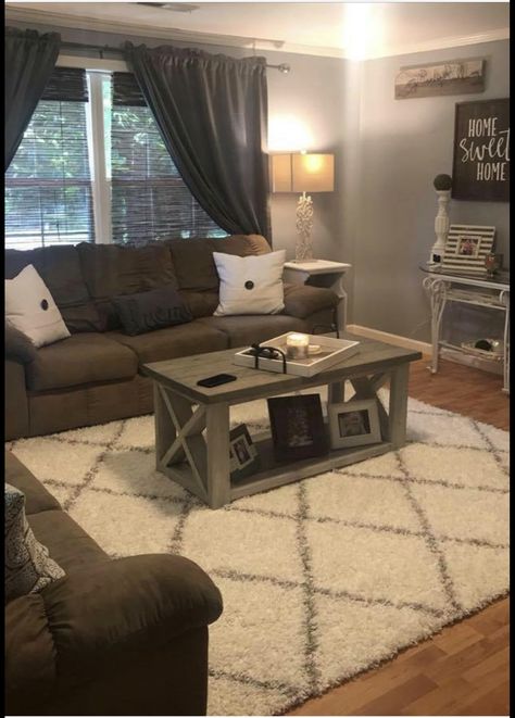 Living Room Trailer Ideas, Living Room Designs Trailer, Living Room Ideas Trailer Mobile Homes, Caddy Corner Couch In Living Room, Farmhouse Look Living Room, Cozy Mobile Home Living Room, Small Farmhouse Living Room Furniture, Mobile Home Interior Ideas Living Room, Bohemian Lace Paint