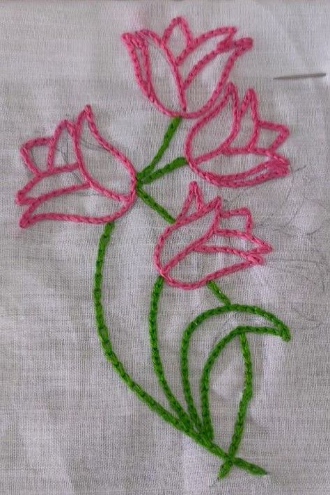 Back Stitch Embroidery Design Simple, Pattern Stitch Type 2 Design In Aari, Chain Stitch Design Hand Embroidery, Chain Work Embroidery, Chain Stitching Embroidery, Single Feather Stitch Embroidery Design, Chain Stitch Aari Design Pattern, Embroidery Chain Stitch Design, Floral Embroidery Simple