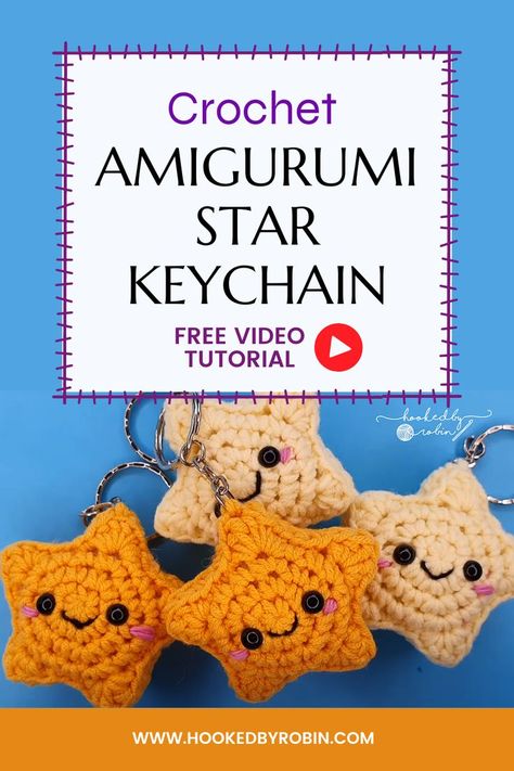 crochet an amigurumi star keychain with a free video tutorial by hookedbyrobin Simple Crochet Keychain Pattern, Tiny Crochet Star, Crochet Stuffed Star, Crochet Christmas Keychain Pattern Free, Keyrings Crochet, Emergency Gift Ideas, Crochet Amigurumi Star, Crochet Keyring Free Pattern, Amigurumi Star