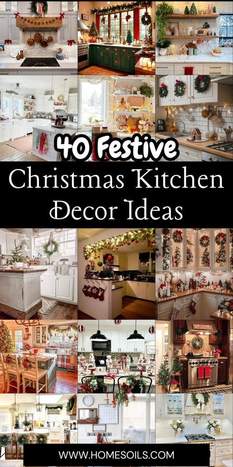 Bring holiday cheer to your cooking space with 40 festive Christmas kitchen decor ideas for a warm and inviting atmosphere. Visit our site for inspiration to transform your kitchen this season! Christmas Decor Ideas For Kitchen Counter, Decorate Kitchen For Christmas, Ideas For Top Of Kitchen Cabinets, Above Cabinet Christmas Decor, Christmas Kitchen Decorations, Christmas Decor Ideas Kitchen, Christmas Dining Table Decorations, Christmas Kitchen Decor Ideas, Top Of Kitchen Cabinets