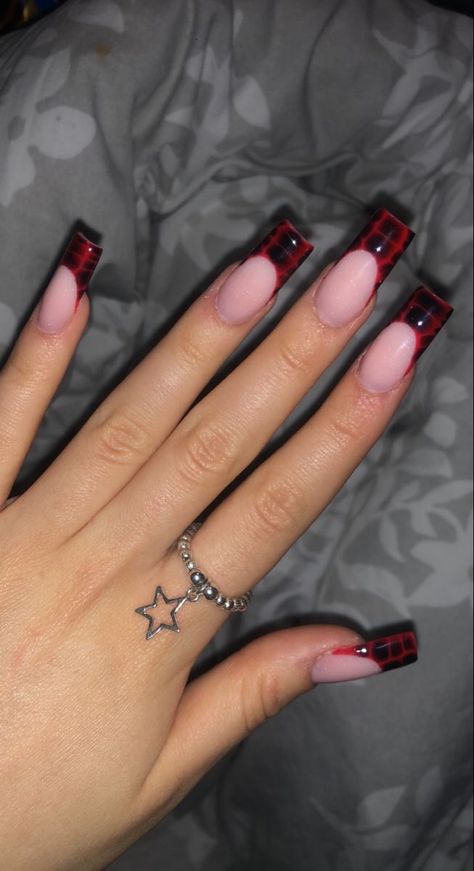 Red And Black Alligator Nails, Black N Red Nail Designs, Dark Red Acrylics With Design, Black And Red Snake Nails, Black And Red Croc Nails, Red And Black Acrylic Nails Ideas, Red Crocodile Nails French Tip, Red Alligator Nails, Black Red French Tip Nails