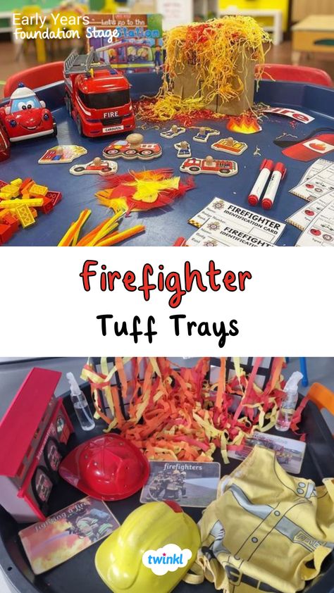 People who help us eyfs - firefighters. Thanks to @sensoryplay_send @darulaqum_preschool People Who Help Us Theme Preschool, Fire Engine Activities Eyfs, Fire Fighter Tuff Tray, People That Help Us Activities, Eyfs Firefighters Activities, Eyfs Firefighters, People Who Help Us Activities For Toddlers, People Who Help Us Preschool Activities, People That Help Us Preschool Activities