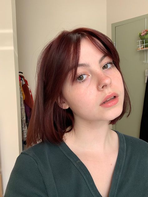 Red Hair And Haircut, Red Bob Aesthetic, Bob Red Hairstyles, Red Brown Short Hair Color, Red Hair Color For Short Hair, Red Hair For Short Hair, French Bob Ginger, Cherry Red Bob Hair, Short Hair Cherry Red