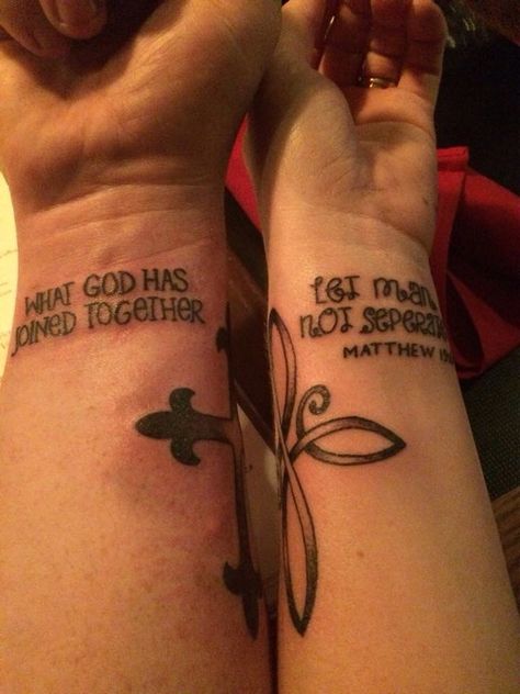 Guide Me Hold Me Tattoo Couple, Tattoos Married Couples, Mark 10:9 Tattoo Couple, What God Has Joined Together Tattoo, Matching Scripture Tattoos, Matthew 19:6 Tattoo, Matching God Tattoos, Matthew 19 6 Marriage Tattoo, Couples Small Matching Tattoos