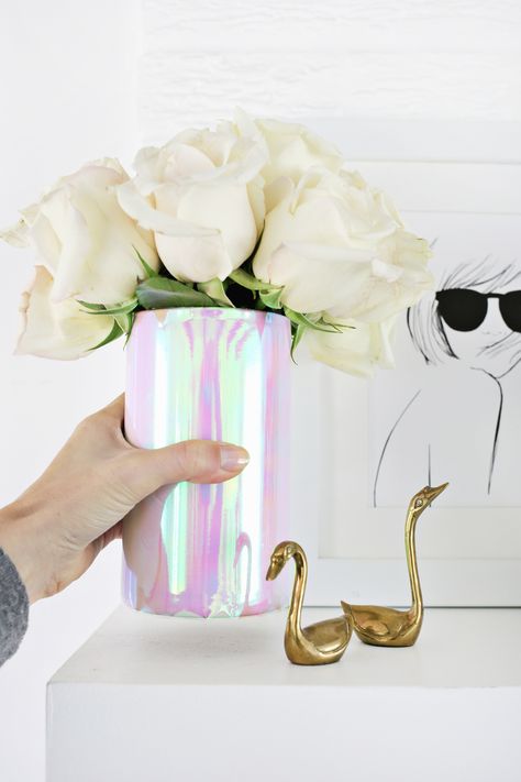 Holographic Vase DIY (click through for tutorial) Upcycled Socks, Swan Cookies, Iridescent Decor, Polish Flowers, Vase Diy, Diy Leaves, A Beautiful Mess, Polish Remover, Diy Vase