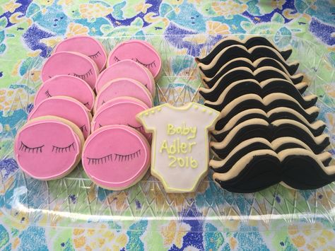 Lashes or Staches Gender Reveal Sugar Cookies Lashes Or Mustaches Gender Reveal, Stashes Or Lashes Gender Reveal, Gender Reveal Sugar Cookies, Lashes Or Staches Gender Reveal, Lashes Or Staches, Gender Reveal Party Food, Gender Reveal Box, Gender Reveal Cookies, Gender Reveal Party Games