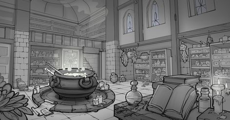 Concept Art Interior of the Wizard's House on Behance Wizard Room Concept Art, Wizard House Interior, Dungeon Concept Art, Workshop Concept Art, Blacksmith Workshop, Mad Scientist Lab, Feng Zhu Design, Interior Concept Art, Feng Zhu