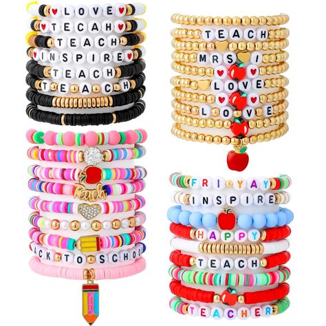 PRICES MAY VARY. Teacher Appreciation Gifts Bulk: each packet includes 36 graduation teacher bracelets, designed with teach, love, and inspire letter beads and combined with charms like pencils, hearts, apples, and rhinestones to create a dynamic style statement; These heishi surfer bracelets set can be worn individually or stacked together, allowing for a variety of fashionable combinations Brilliantly Colorful Design: these summer teacher appreciation bracelets come in bright, vivacious colors Clay Bracelet Stack, Back To School Crafts To Sell, Back To School Bracelets, Back To School Teacher Gifts, Graduation Teacher, Teacher Bracelet, Teacher Jewelry, Heishi Bracelets, Clay Bracelets