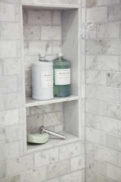 Niche: Marble shelf.  Approx 15" W x 27" H.  DLP Interiors - bathroom Makeover Kamar Mandi, Marble Tile Bathroom, Bathroom Shower Design, Master Shower, Bad Inspiration, Transitional Bathroom, Shower Niche, Bathroom Remodel Shower, Shower Remodel