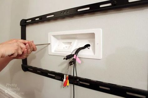 Installing a Wall Mount Flat Screen TV + Hiding Cords | PrettyHandyGirl Hiding Cords, Wall Mount Tv, Mount Tv, Tv Fal, Hidden Tv, Wire Tutorials, Bedroom Tv, Flat Screen Tv, Tv Wall Design