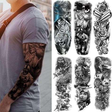 Military Temporary Tattoo Sleeves, Full Arm Large War Soldier Fake Tattoos Sleeve For Men Women Adult, Black Long Lasting Patriotic Warrior Temp Tatoo Sticker Leg Body Art Makeup, 6-Sheet Military Tattoo, Fake Tattoo Sleeves, Archangel Tattoo, Christian Sleeve Tattoo, Military Soldier, Temporary Tattoo Sleeves, Galaxy Tattoo, Tattoo Sleeves, 4 Tattoo