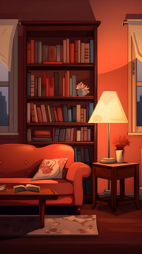 An animated wallpaper depicting a cozy living room with a lamp, bookshelf, and a book, radiating a serene and whimsical ambiance for your phone background. Cartoon Reading Book Aesthetic, City Apartment At Night, Bookshelf Aesthetic Wallpaper, Cozy Illustration Art, Bookshelf Styling Aesthetic, Lamp Bookshelf, Animated Room, Apartment At Night, Library Artwork