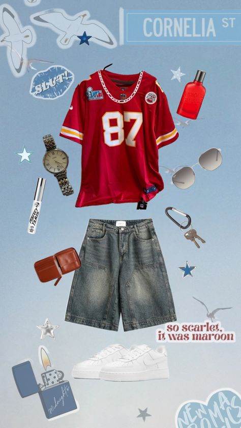 Taylor Swift Kelce Jersey Eras Tour Outfit Inspo #theerastour #outfitinspo #taylorswift #swiftie #jersey #traviskelce #taylorandtravis #taylorsversion #jorts #concertinspo Male Taylor Swift Outfits, Male Eras Tour Outfits, Eras Tour Outfits, Swift Outfits, Eras Tour Outfit, Tour Outfits, Mens Tank, Taylor Swift Outfits, Jersey Outfit