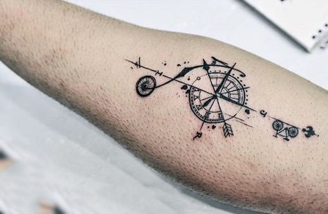 Scientific Graph And Bicycle Tattoo Male Forearms Tattoo Bike, Geometric Compass Tattoo, Cycling Tattoo, Geometric Compass, Bicycle Tattoo, Bike Tattoos, Compass Tattoo Design, Inner Forearm, Tattoo Feminina