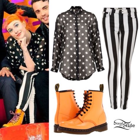 hayley williams + orange doc martens Patent Boots Outfit, Hayley Williams Style, Stripe Pants Outfit, Haley Williams, Orange Boots, The Graham Norton Show, Graham Norton Show, Blouse And Pants, Dresses With Vans