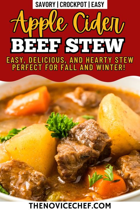 Slow Cooker Beef Stew with Apple Cider Apple Cider Beef Brisket, Apple Cider Beef Stew Crock Pot, Cider Beef Stew, Apple Cider Stew, Slow Cooker Beef Stew Recipes, Beef Stew With Sweet Potatoes, Apple Cider Beef Stew, Beef Stew Stove Top, Easy Fall Dinner