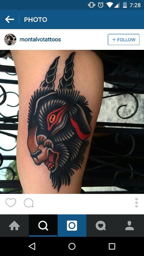 Dark goat Old School Goat Tattoo, Trad Goat Tattoo, Goat Traditional Tattoo, Black Goat Tattoo, Traditional Goat Tattoo, Goat Head Tattoo, Tattoo Goat, Black Sheep Tattoo, Goat Tattoo