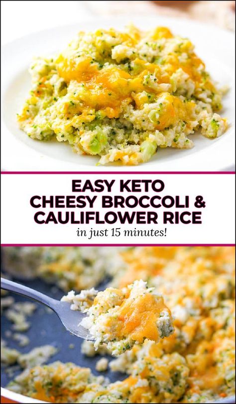 This super easy cheesy broccoli cauliflower rice is a delicious keto side dish that you can make in 15 minutes. It's low carb comfort food with a healthy twist - you use riced broccoli and cauliflower and no rice. Each serving has only 4.6g net carbs per serving and will go with any main dish. Riced Broccoli Recipes Keto, Cauliflower Rice Broccoli Cheese, Broccoli Cheese Cauliflower Rice, Recipes With Riced Broccoli, Cauliflower Rice Broccoli Casserole, Cauliflower Rice With Broccoli, Low Cal Broccoli Recipes, Pesto Cauliflower Rice, Calfower Rice Recipes